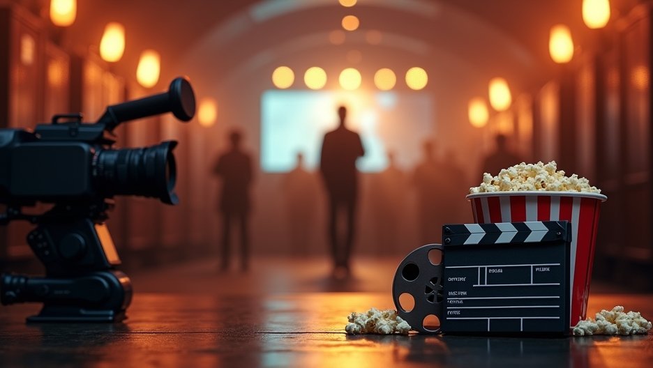 Filmes kellékek: kamera, popcorn és klapka