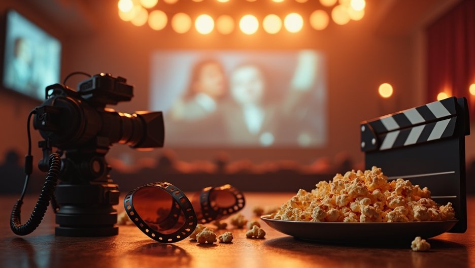 Kamera, popcorn és filmes kellékek egy filmes estéhez