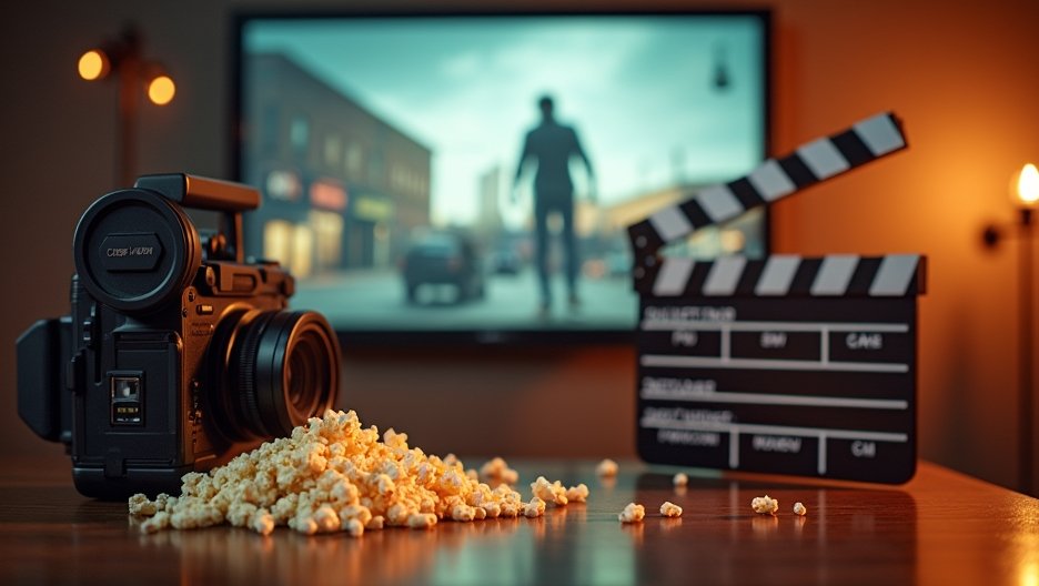 Kamerával és popcornnal készült filmes jelenet.