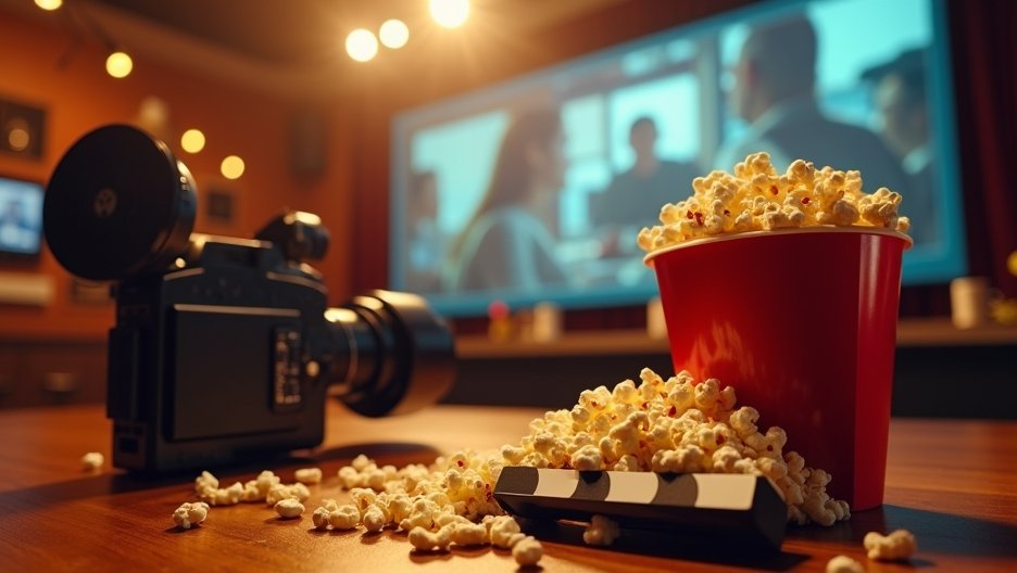 Popcorn and movie camera on a table with a film screen in background