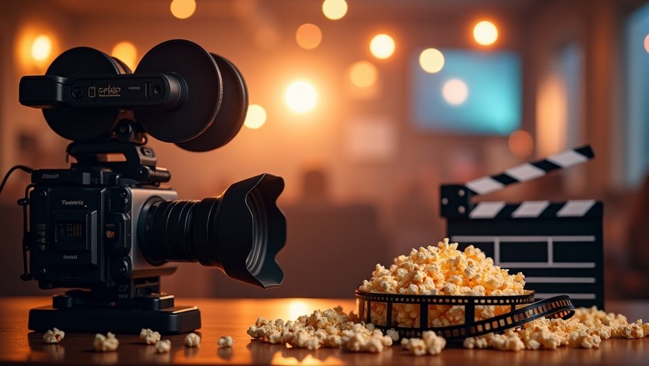 Film kamera popcornnal és filmes kellékekkel
