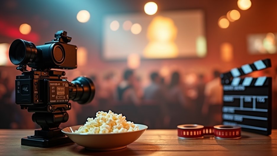 Film kamera és popcorntál egy mozi környezetben