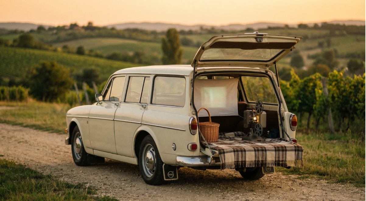 Egy régi autó hátuljában nyári piknik vágyakozó hangulattal