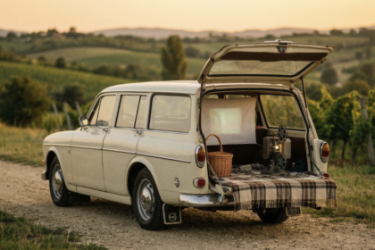 Egy régi autó hátuljában nyári piknik vágyakozó hangulattal